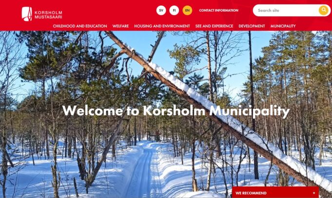 Webbsite with a picture of snowy forest an the text Welcome to Korsholm Municipality.