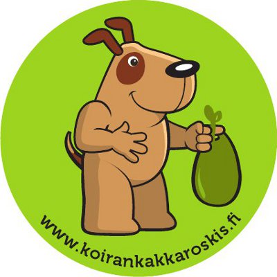 Klistermärke med bild på en hund och en soppåse
